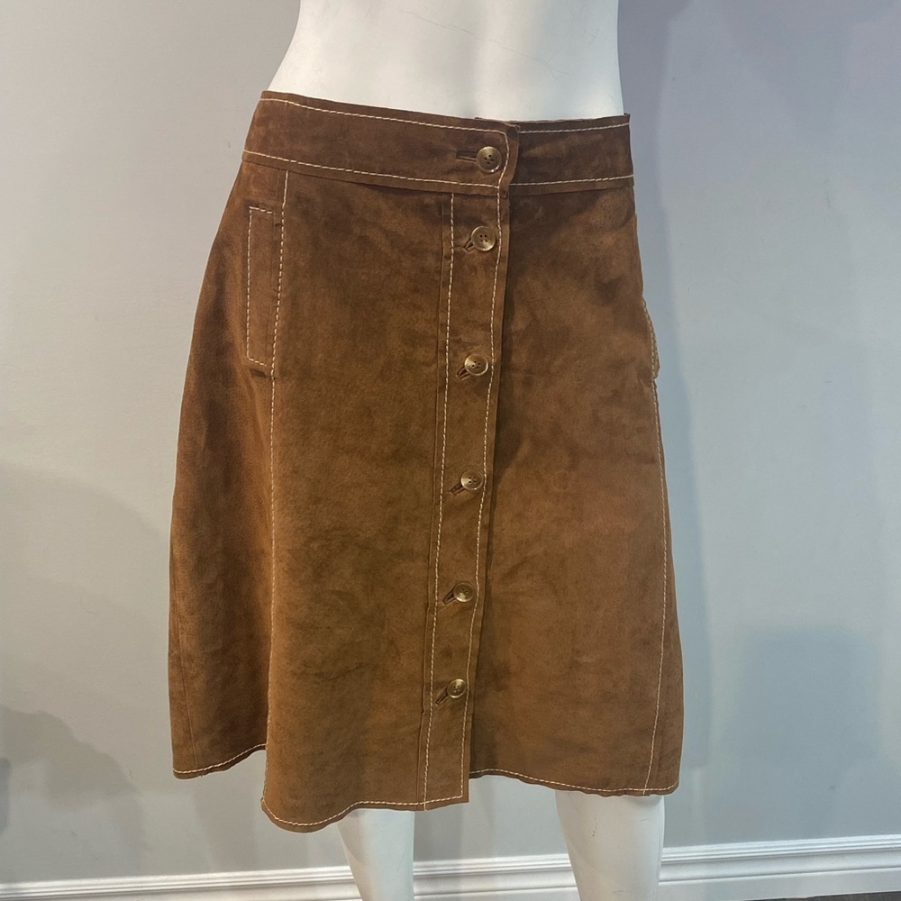 RIANI Brown Suede Button-Front A-Line Skirt